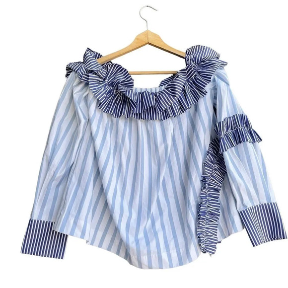 MSGM Milano Top Striped Poplin Ruffle Women’s 42 Off The Shoulder Blouse ITALY - Picture 1 of 3